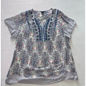 Blue Beaded All Over Print Casual 3X Short Sleeve